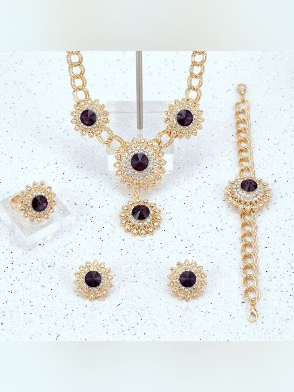5-Piece Gold Dark Purple Crystal Sunflower Necklace Earrings Bracelet & Ring Set